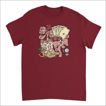 Maroon Country Charm T-Shirt with pink cream cowboy boots cards bows