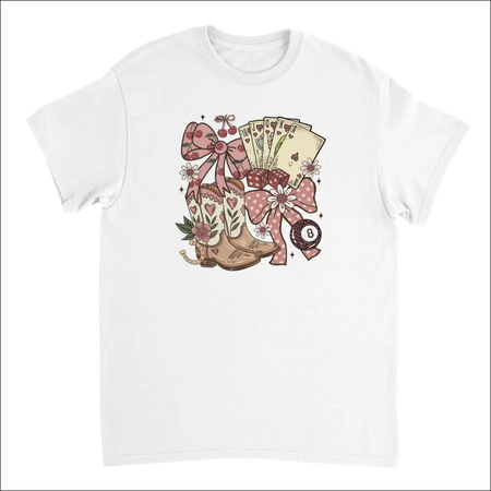 White Country Charm T-Shirt with whimsical cowboy boots, cards, and pink cherry bows