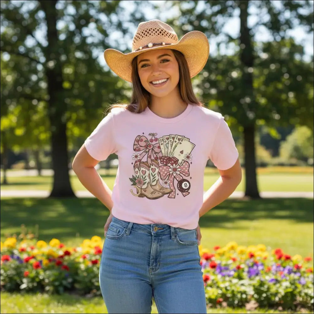 Pink Country Charm T-Shirt with western boho boots, cards, and bows graphic