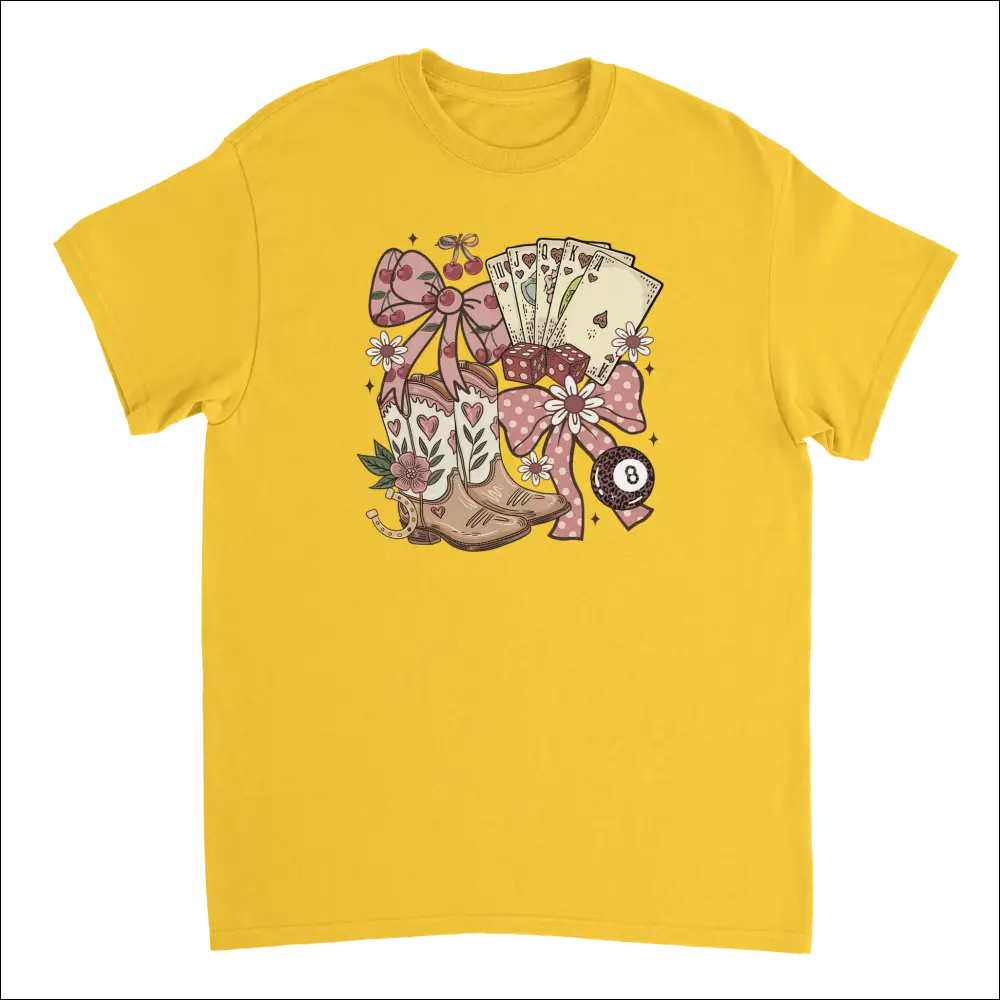 Yellow Country Charm T-Shirt with cowboy boots, cards, pink cherry bows graphic