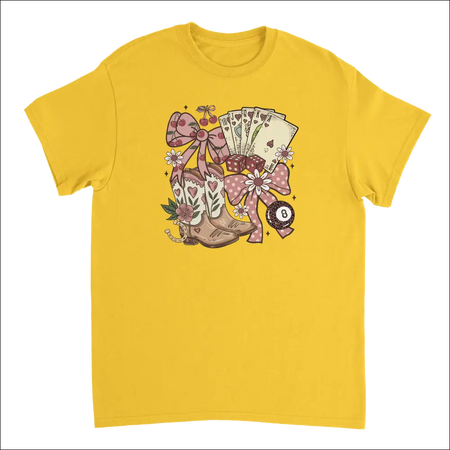 Yellow Country Charm T-Shirt with cowboy boots, cards, pink cherry bows graphic