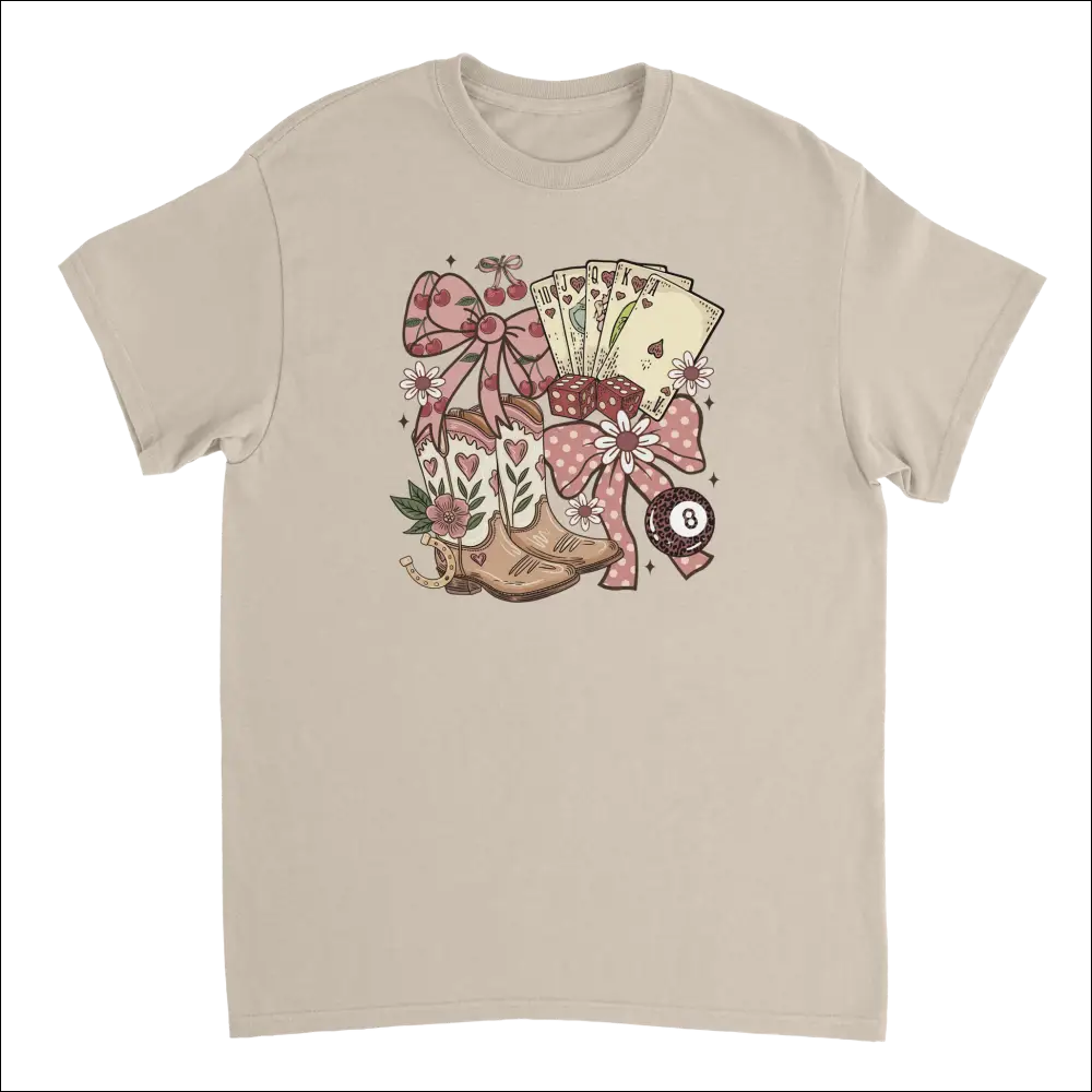 Beige country charm t-shirt with western boho cowboy boots, cards and pink bows graphic