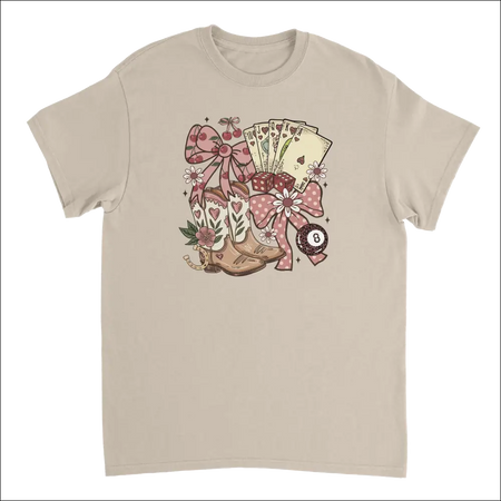 Beige country charm t-shirt with western boho cowboy boots, cards and pink bows graphic
