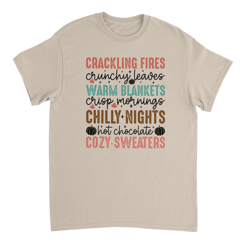 Autumn Comforts T-Shirt – Crackling Fires, Crunchy Leaves, Cozy Sweaters | Heavyweight Cotton Tee in Various Colors - KPAP Canada