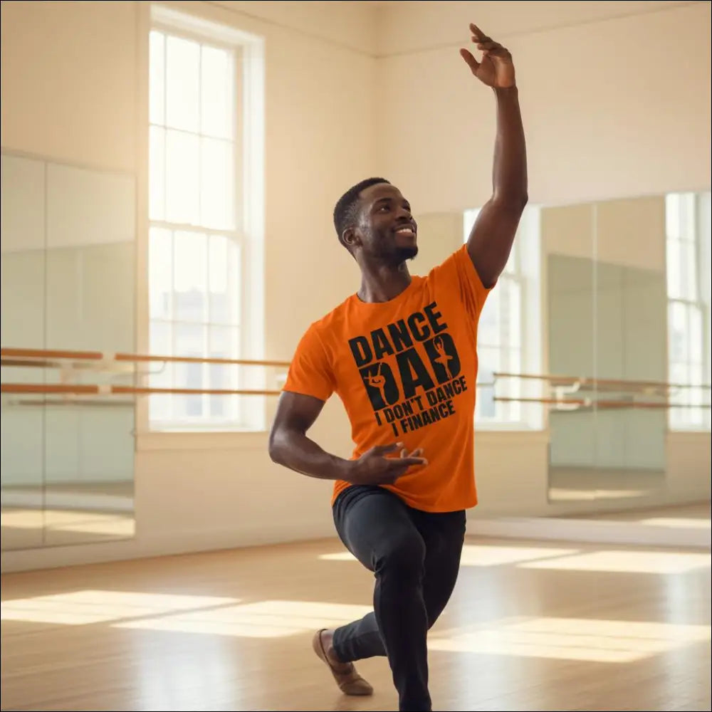 Orange Dance Dad T-Shirt with black text and graphic design