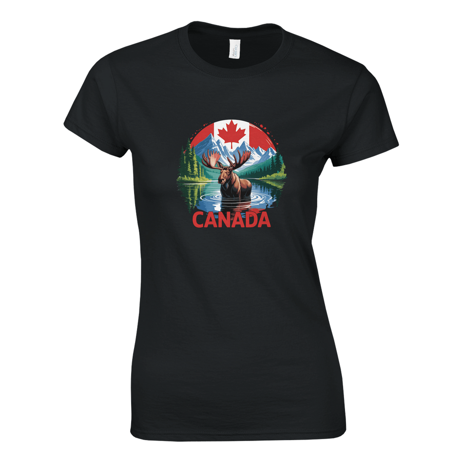 Ladies T-Shirt - Canada Moose and Mountains Design - KPAP Canada