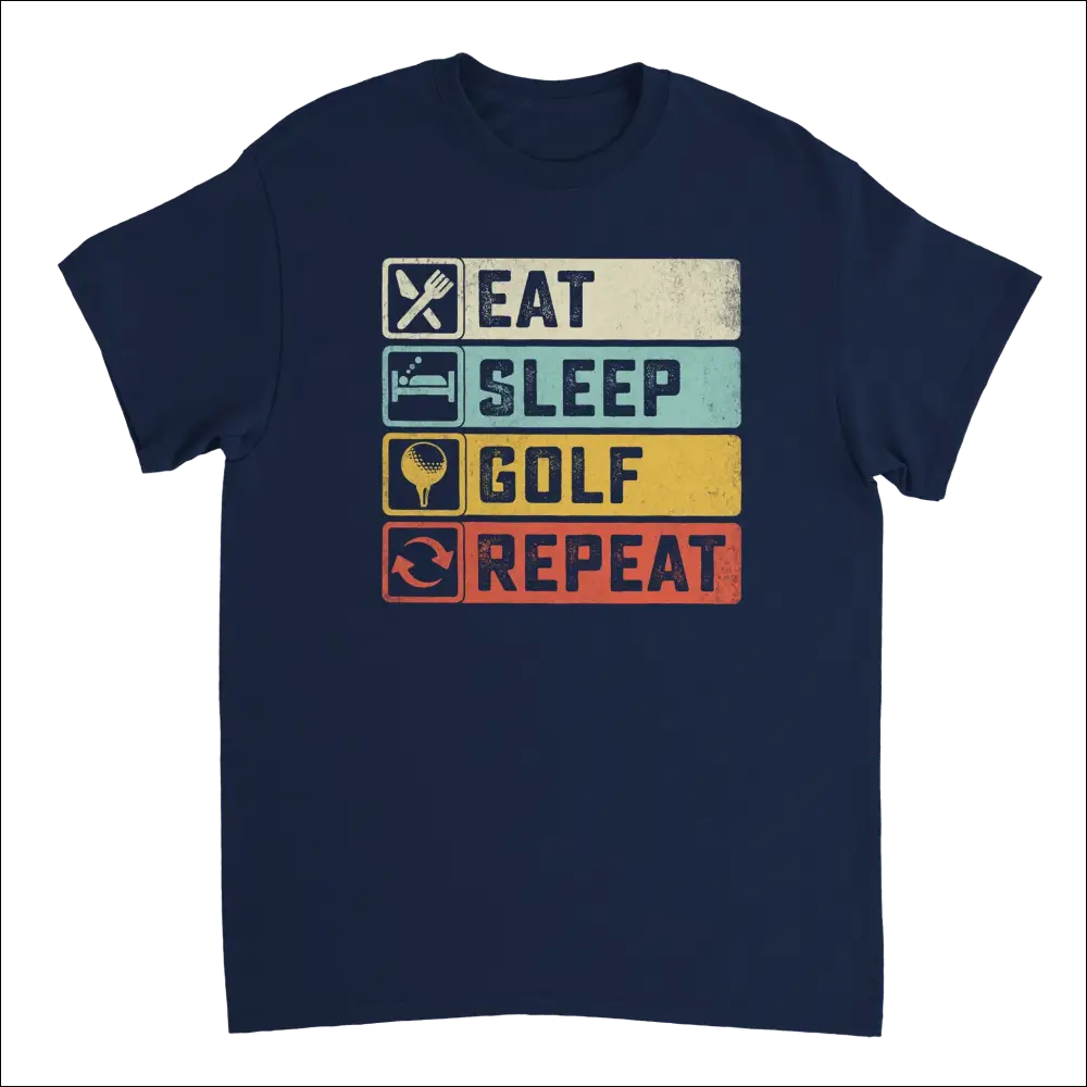 Navy blue Eat Sleep Golf Repeat t-shirt with retro graphic