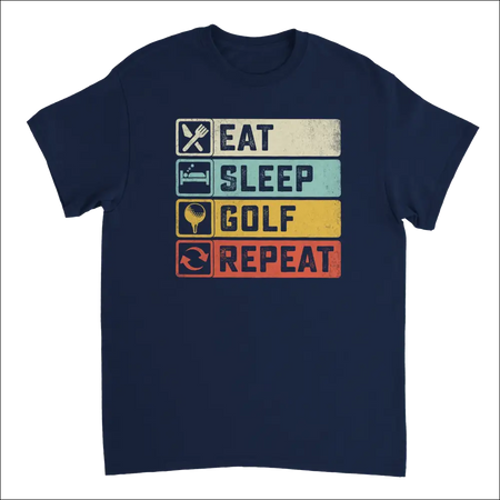 Navy blue Eat Sleep Golf Repeat t-shirt with retro graphic