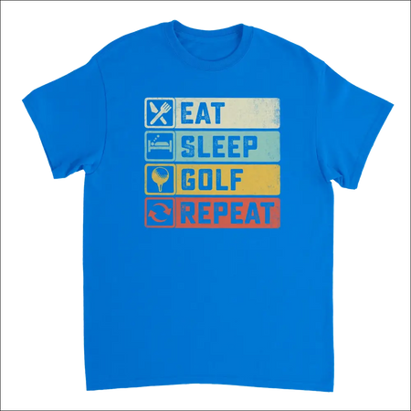 Bright blue Eat Sleep Golf Repeat t-shirt with retro graphic