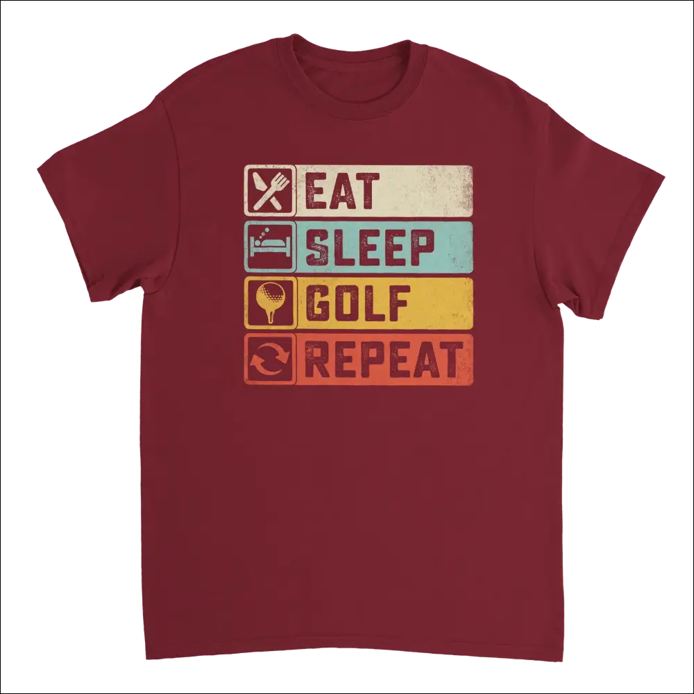 Maroon short-sleeve Eat Sleep Golf Repeat t-shirt with retro graphic
