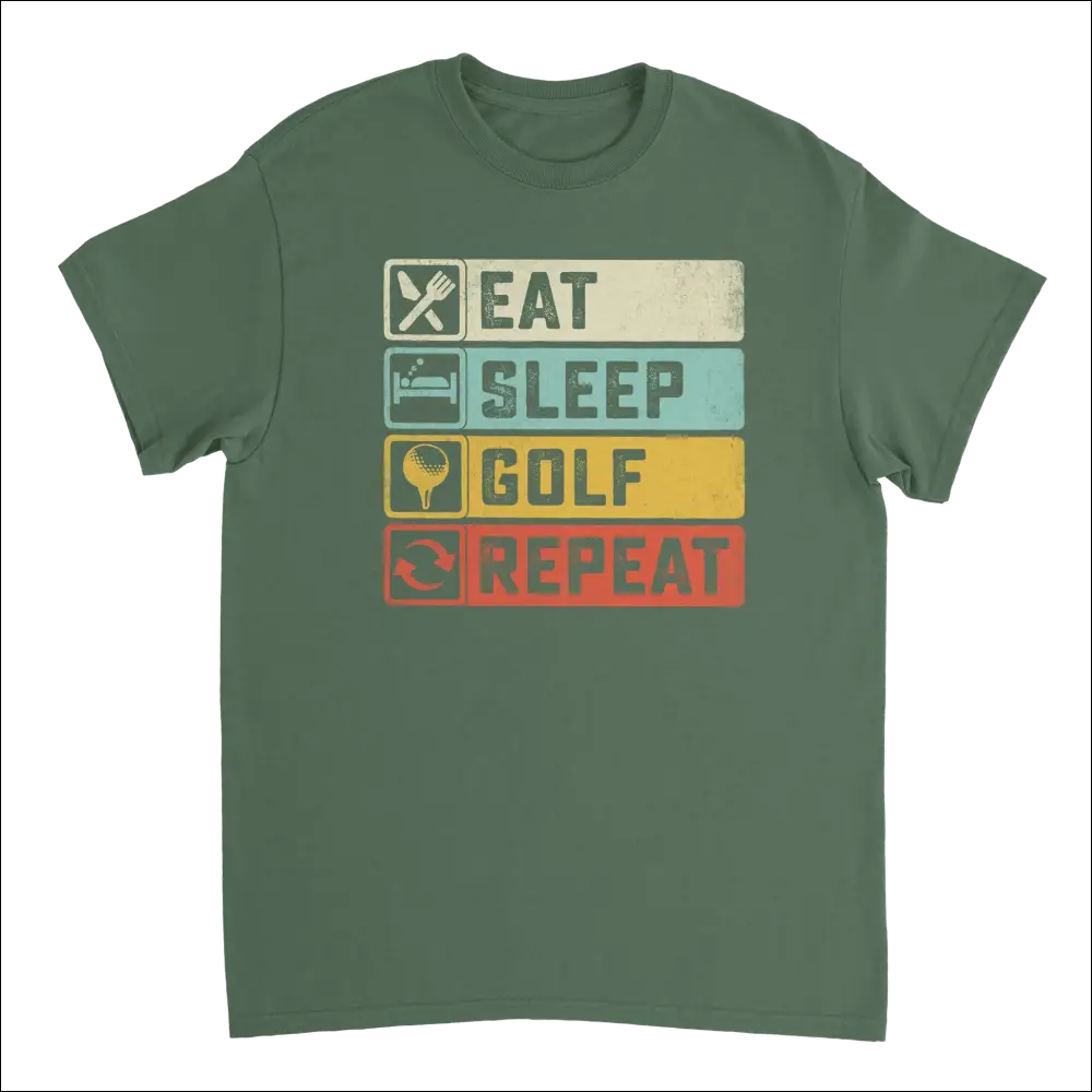 Olive green Eat Sleep Golf Repeat t-shirt with retro graphic