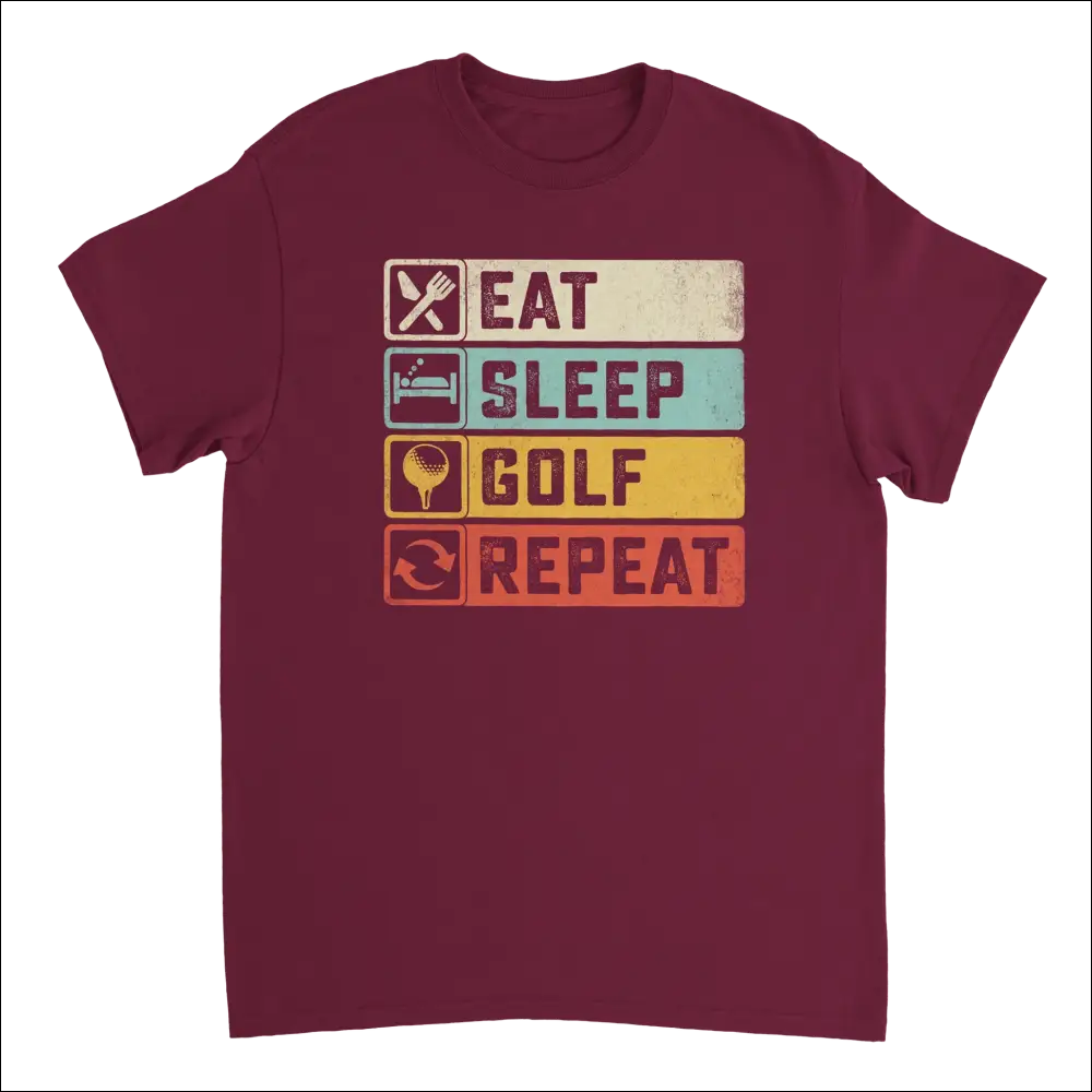 Maroon Eat Sleep Golf Repeat t-shirt with retro graphic