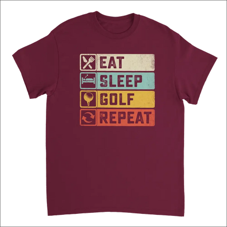 Maroon Eat Sleep Golf Repeat t-shirt with retro graphic