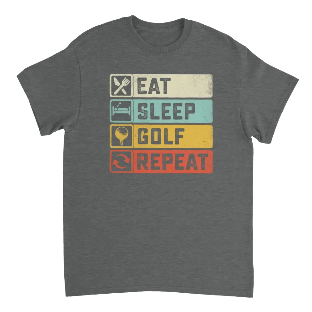 Dark gray heathered Eat Sleep Golf Repeat t-shirt with retro icons