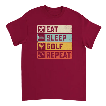 Maroon heavyweight cotton Eat Sleep Golf Repeat t-shirt for golfers