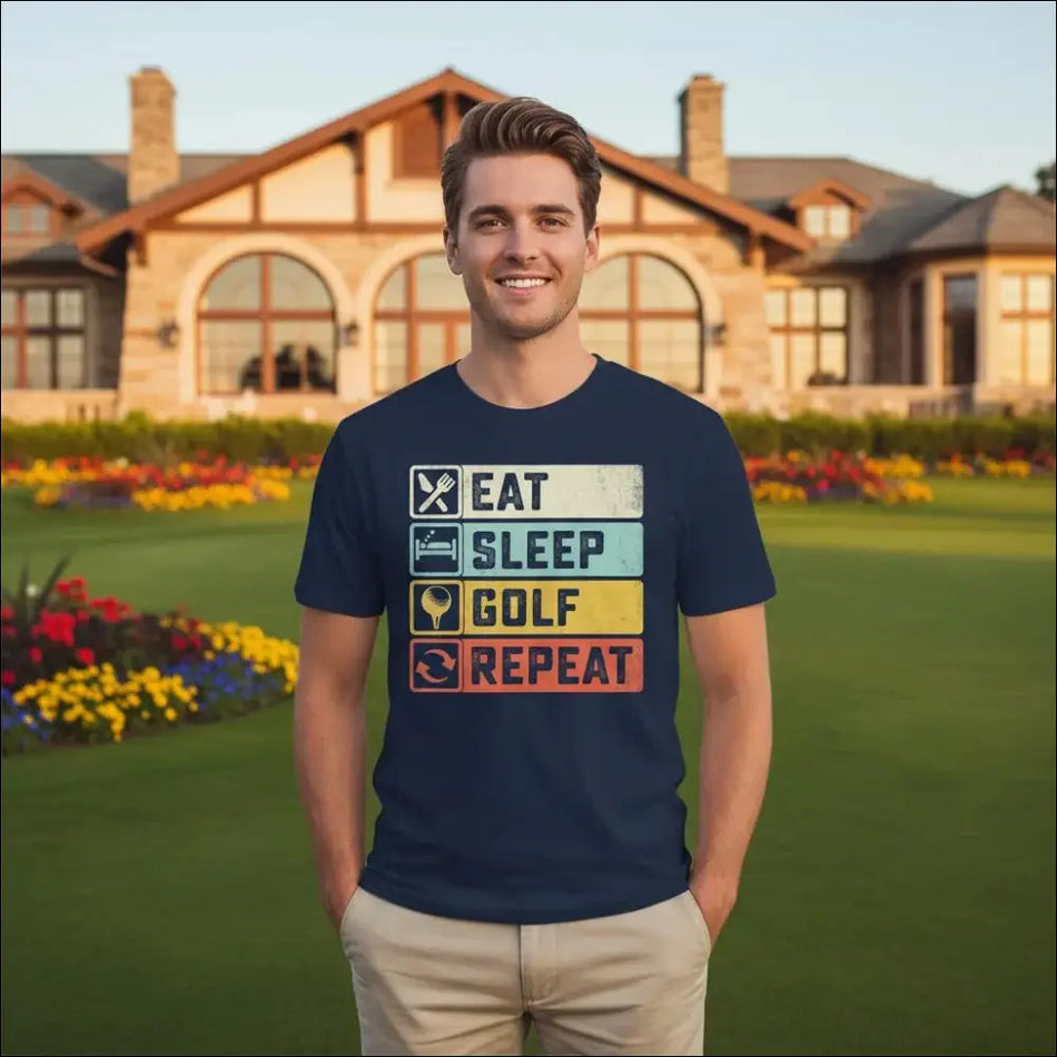 Navy blue Eat Sleep Golf Repeat t-shirt with retro icons