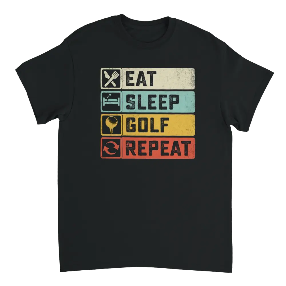 Black heavyweight cotton Eat Sleep Golf Repeat t-shirt with retro icons