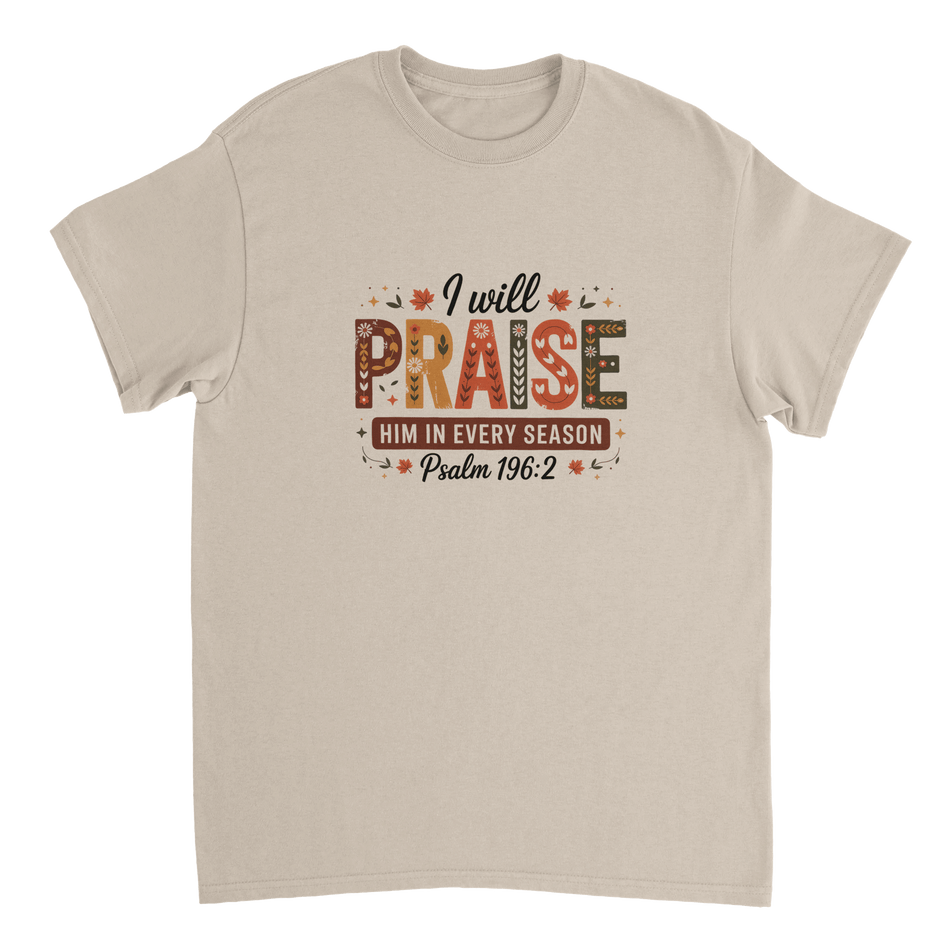Praise Him in Every Season T-Shirt – Autumnal Folk Art Design, Heavyweight Cotton, Classic Fit, Durable Casual Wear - KPAP Canada