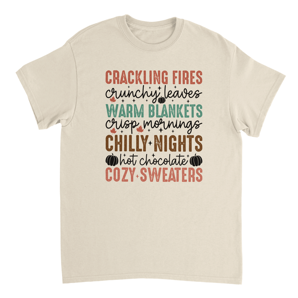 Autumn Comforts T-Shirt – Crackling Fires, Crunchy Leaves, Cozy Sweaters | Heavyweight Cotton Tee in Various Colors - KPAP Canada
