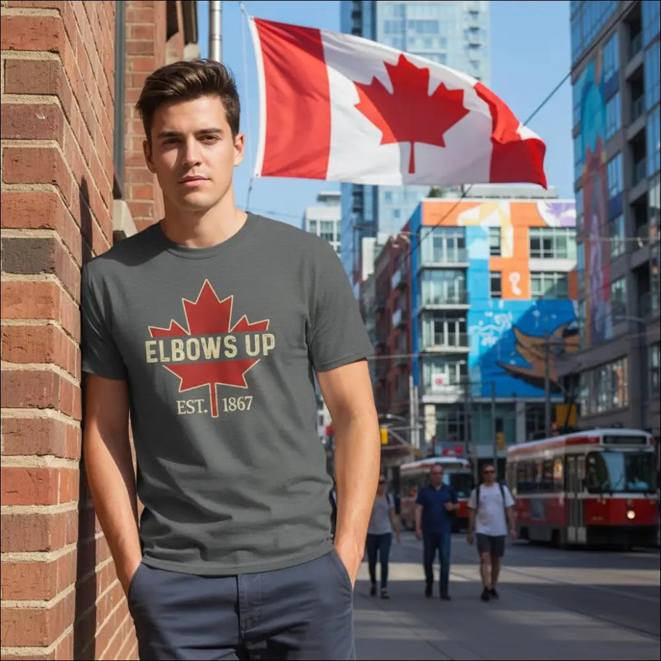 Dark gray cotton t-shirt with red maple leaf, elbows up est. graphic