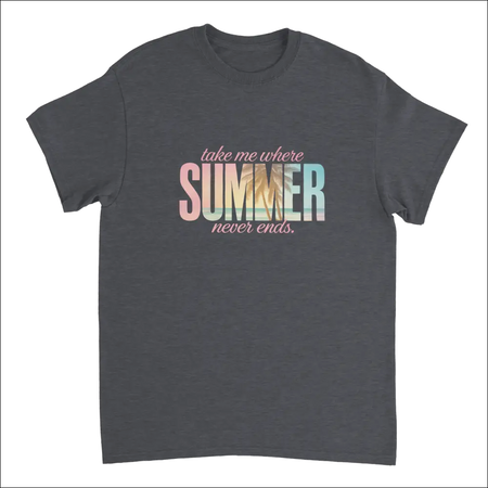 Dark gray Endless Summer Vibes t-shirt with colorful gradient text take me where summer never ends
