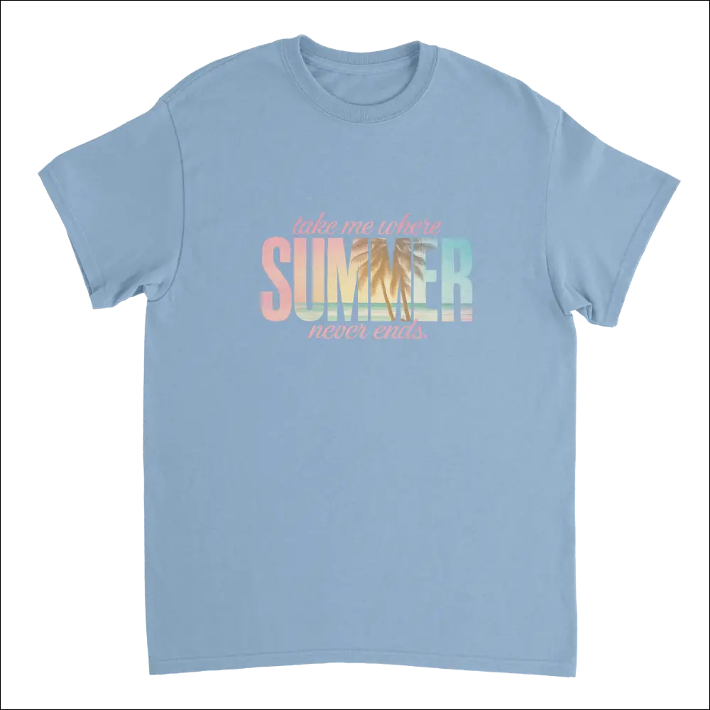 Light blue Endless Summer Vibes t-shirt with colorful palm tree graphic