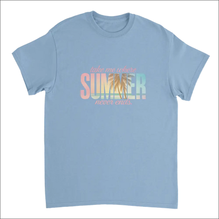 Light blue Endless Summer Vibes t-shirt with colorful palm tree graphic