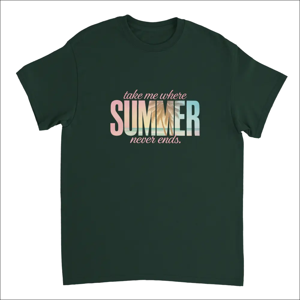 Dark green short-sleeved Endless Summer Vibes T-Shirt with gradient text graphic