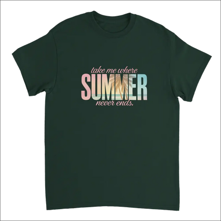 Dark green short-sleeved Endless Summer Vibes T-Shirt with gradient text graphic