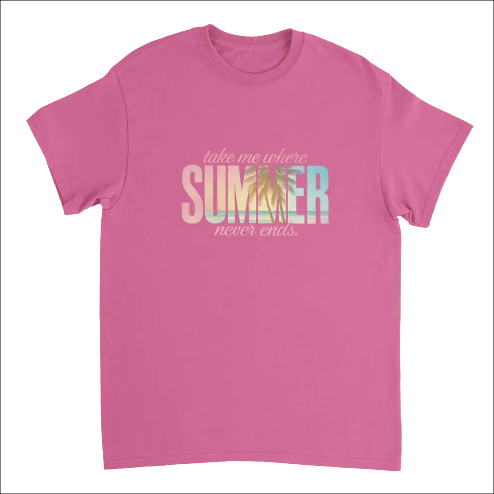 Soft pink short-sleeved Endless Summer Vibes T-shirt with gradient text