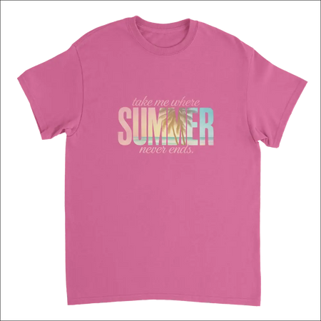 Soft pink short-sleeved Endless Summer Vibes T-shirt with gradient text