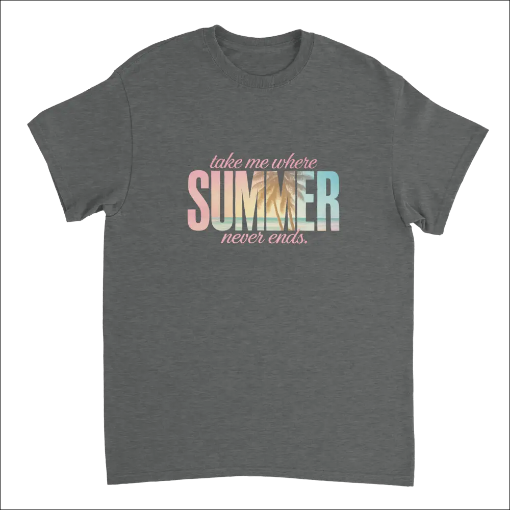 Endless Summer Vibes T-Shirt in dark gray heathered cotton with colorful gradient text