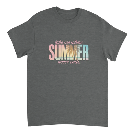 Endless Summer Vibes T-Shirt in dark gray heathered cotton with colorful gradient text