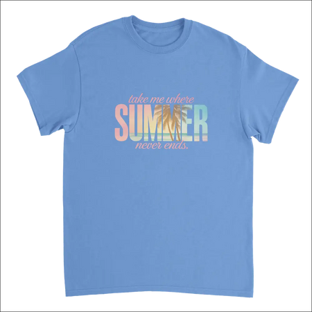 Light blue cotton Endless Summer Vibes T-shirt with gradient text take me where summer never ends
