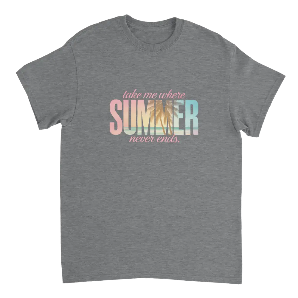Gray heathered cotton Endless Summer Vibes T-shirt with colorful gradient text