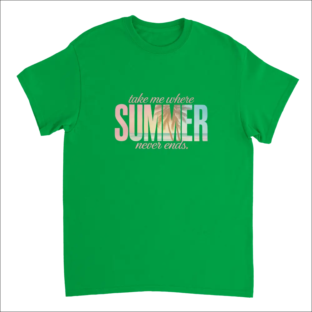Bright green Endless Summer Vibes T-shirt with gradient beach phrase