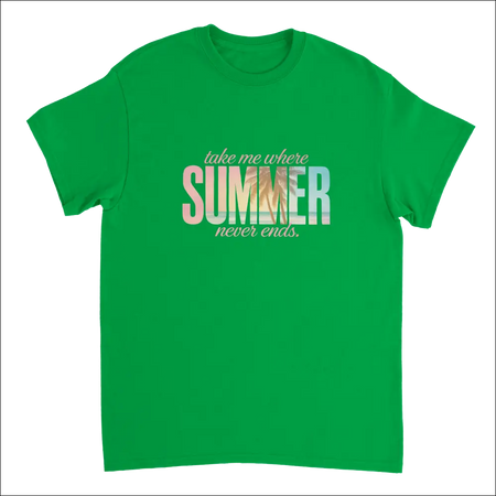 Bright green Endless Summer Vibes T-shirt with gradient beach phrase