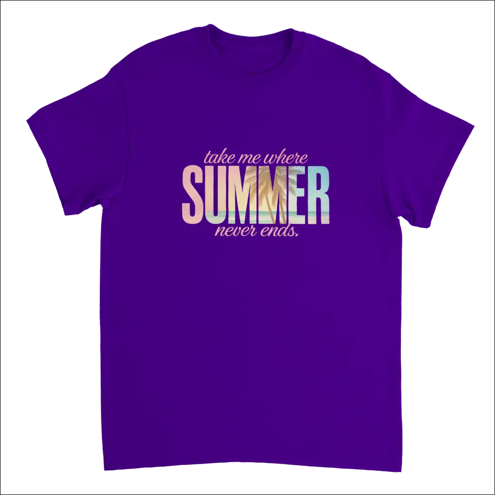 Purple short-sleeved Endless Summer Vibes T-shirt with gradient take me where summer never ends graphic