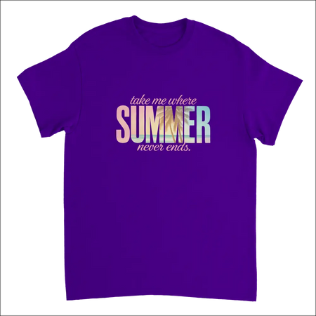 Purple short-sleeved Endless Summer Vibes T-shirt with gradient take me where summer never ends graphic