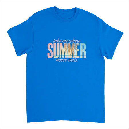 Bright blue Endless Summer Vibes t-shirt with gradient text take me where summer never ends