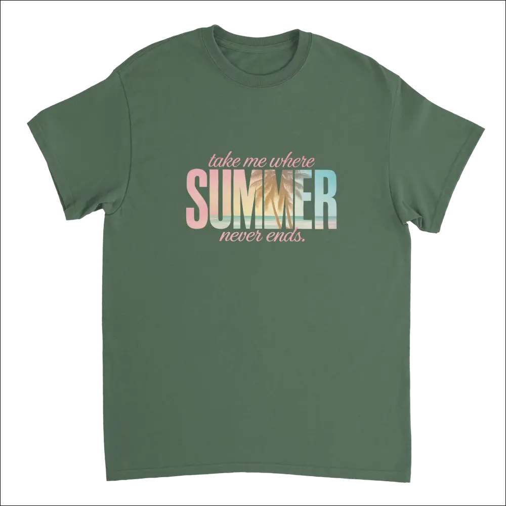 Olive green Endless Summer Vibes t-shirt with pink gradient text