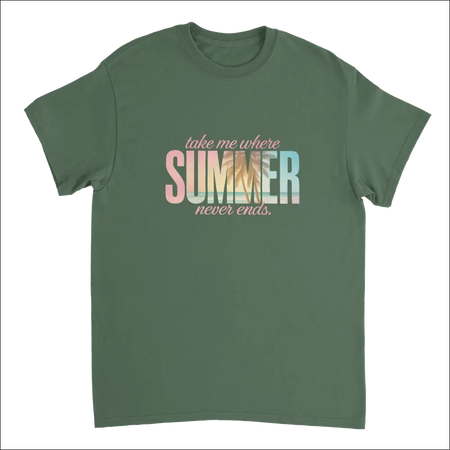 Olive green Endless Summer Vibes t-shirt with pink gradient text