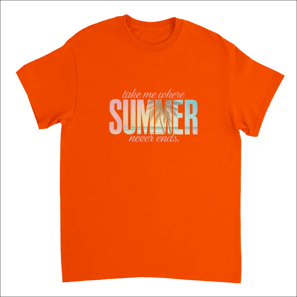 Vibrant orange Endless Summer Vibes T-shirt with pastel phrase take me where summer never ends