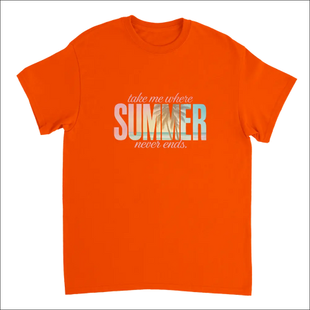 Vibrant orange Endless Summer Vibes T-shirt with pastel phrase take me where summer never ends
