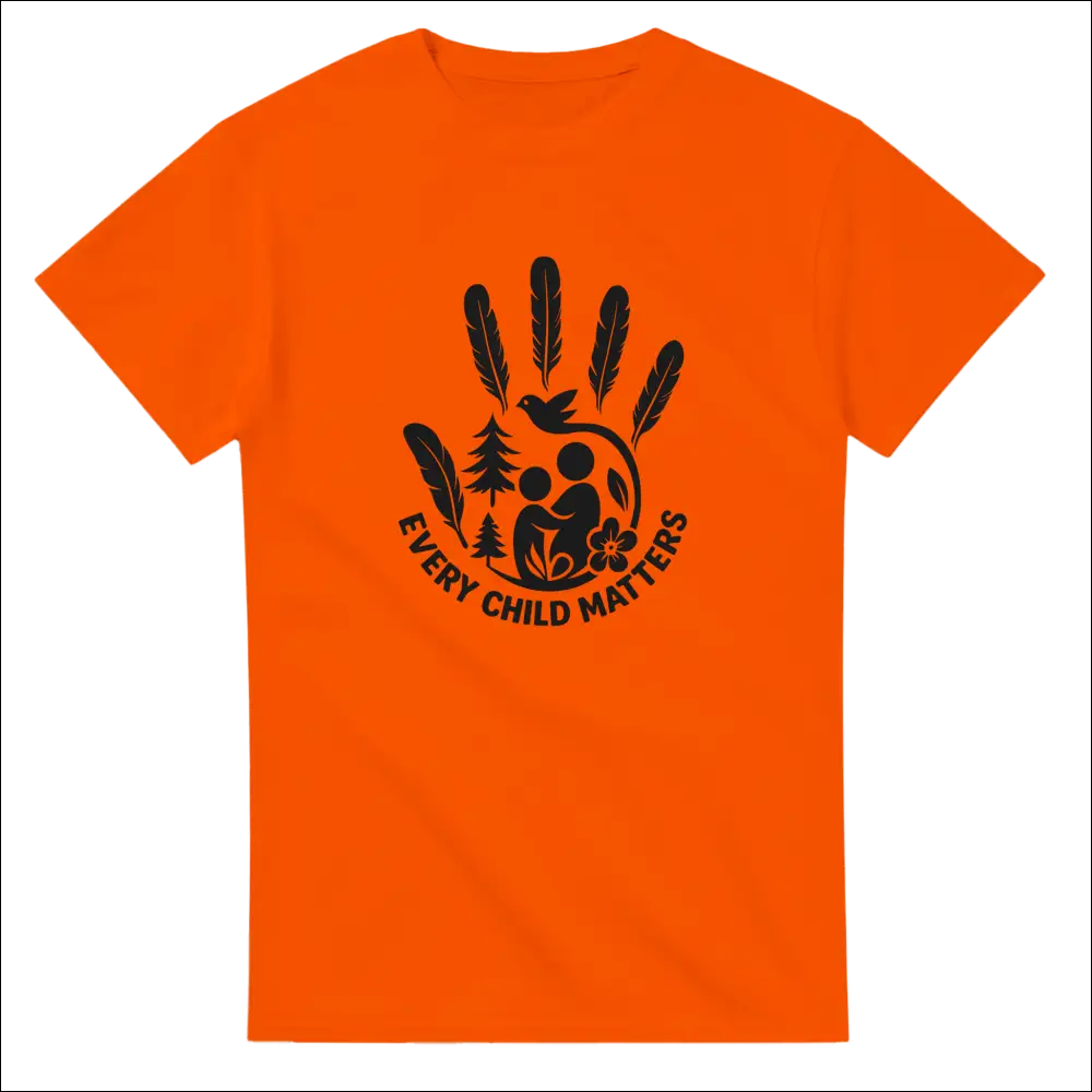 Bright orange Every Child Matters t-shirt with handprint graphic