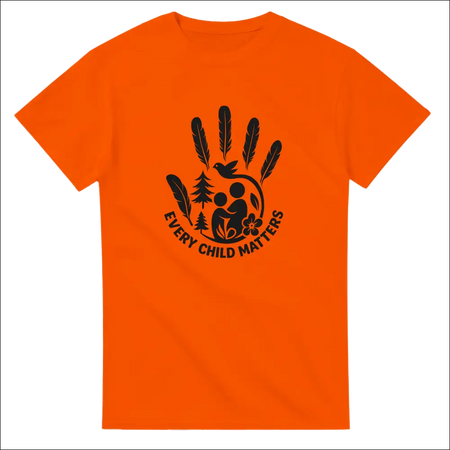 Bright orange Every Child Matters t-shirt with handprint graphic