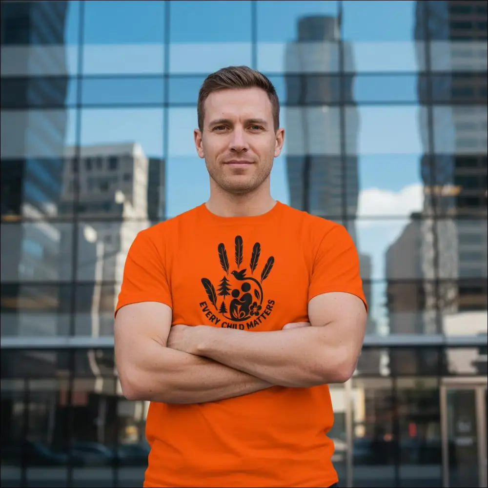 Orange Every Child Matters t-shirt with handprint graphic
