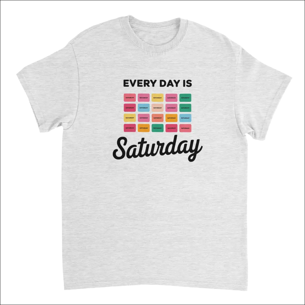 White heathered cotton Every Day Is Saturday tee with retro pastel blocks