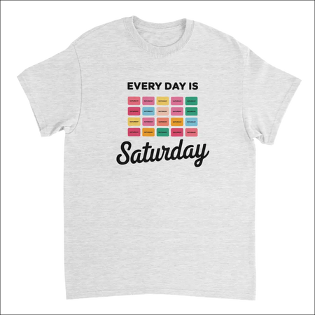 White heathered cotton Every Day Is Saturday tee with retro pastel blocks