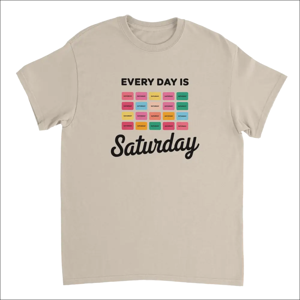 Beige short-sleeve Every Day Is Saturday tee with colorful grid stickers